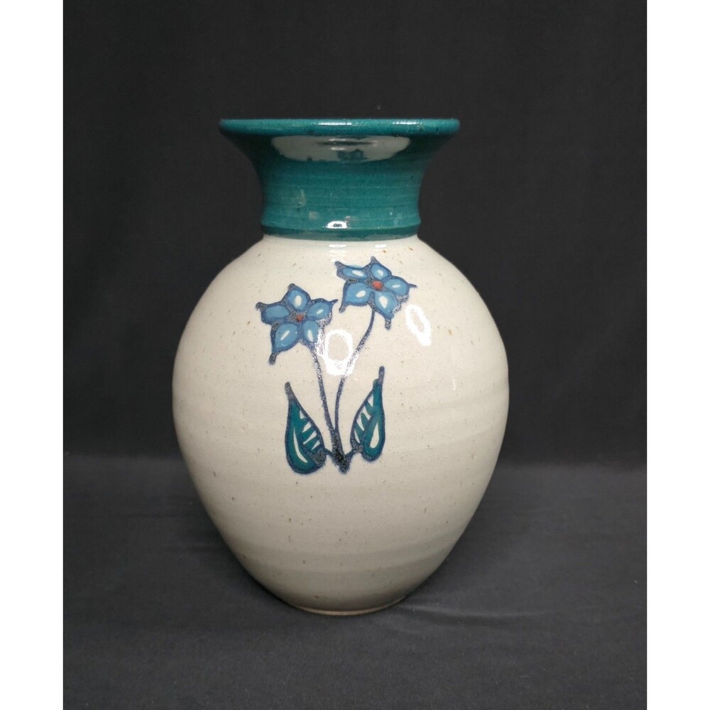 Hand Thrown Studio Pottery Vase Gray & Teal Blue Floral Stoneware Signed 6.75" - Picture 2 of 14